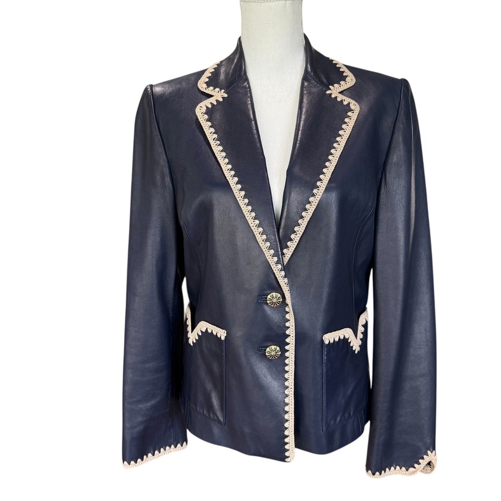 St. John Collection Navy Lamb Leather Crochet Trim Blazer Jacket 8 Silk Lining